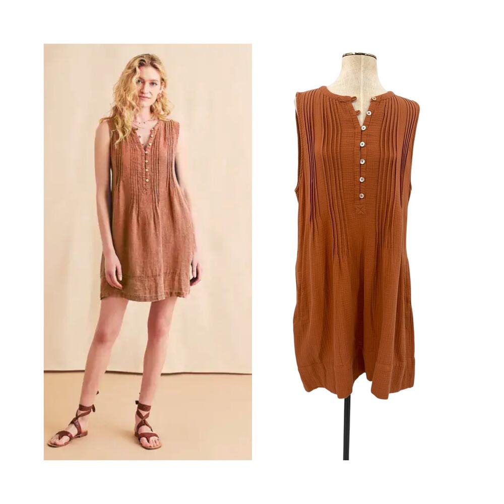Faherty Dream Cotton Gauze Isha Dress Organic Cotton Pecan Brown Size Large